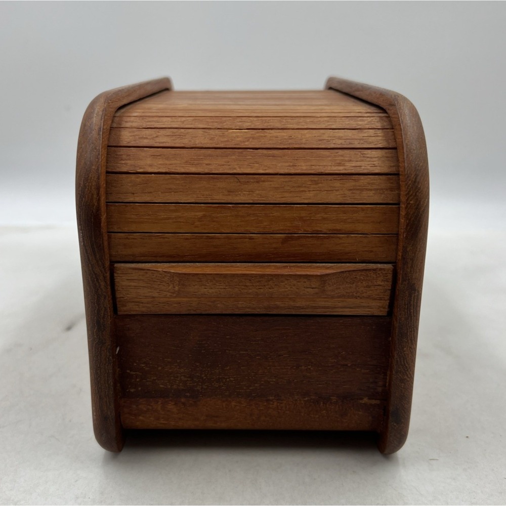 Vtg KALMAR Designs Teak Tambour Roll Top Disk Cassette Storage Box 10.5"x5"x6"